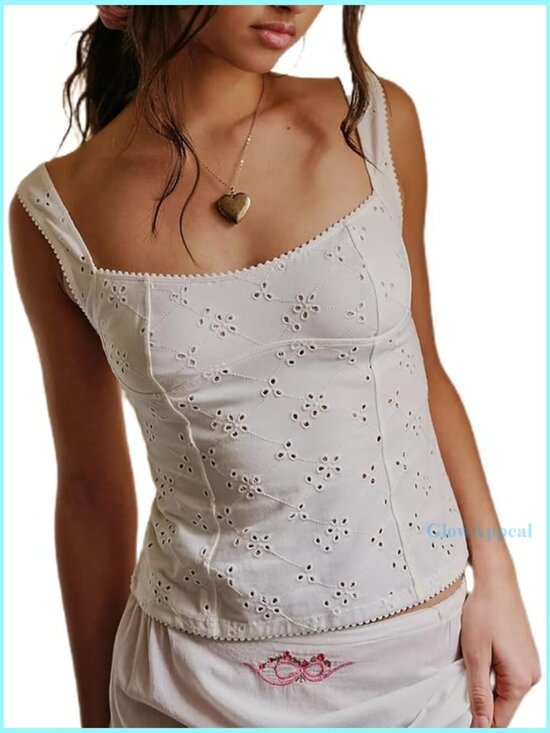 Tops - Summer Eyelet Cami Crop Top Sleeveless Scoop Neck Y2K Going Out